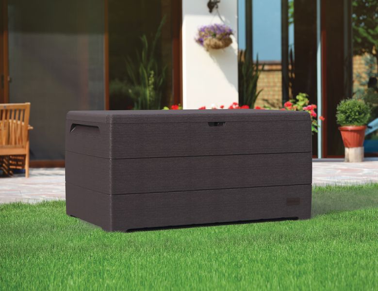 Auflagenbox Garten 416L – wasserdichte Kissenbox mit abschließbarem Deckel & Rollen – Gartenbox in Holzoptik für Kissen, Geräte & Zubehör | Dunkelbraun