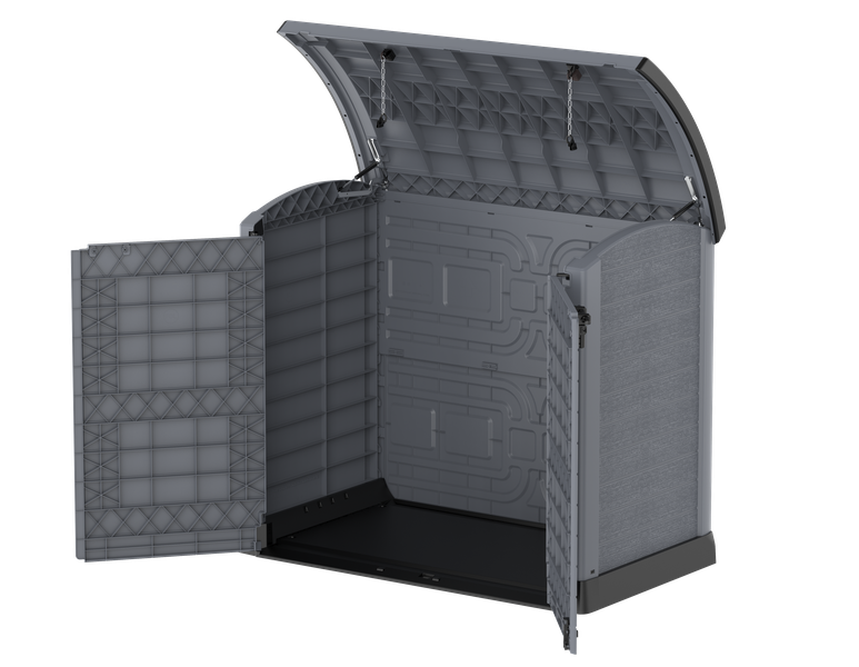 Gartenschuppen mit gewölbtem Deckel | 1200L | Abschließbarer, wetterfester Gartenschuppen aus Kunststoff | ideal zur sicheren Aufbewahrung von Mülltonnen, Gartenwerkzeug und Gartenzubehör | Grau