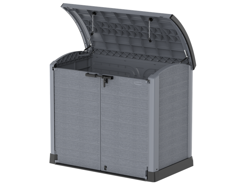 Gartenschuppen mit gewölbtem Deckel | 1200L | Abschließbarer, wetterfester Gartenschuppen aus Kunststoff | ideal zur sicheren Aufbewahrung von Mülltonnen, Gartenwerkzeug und Gartenzubehör | Grau