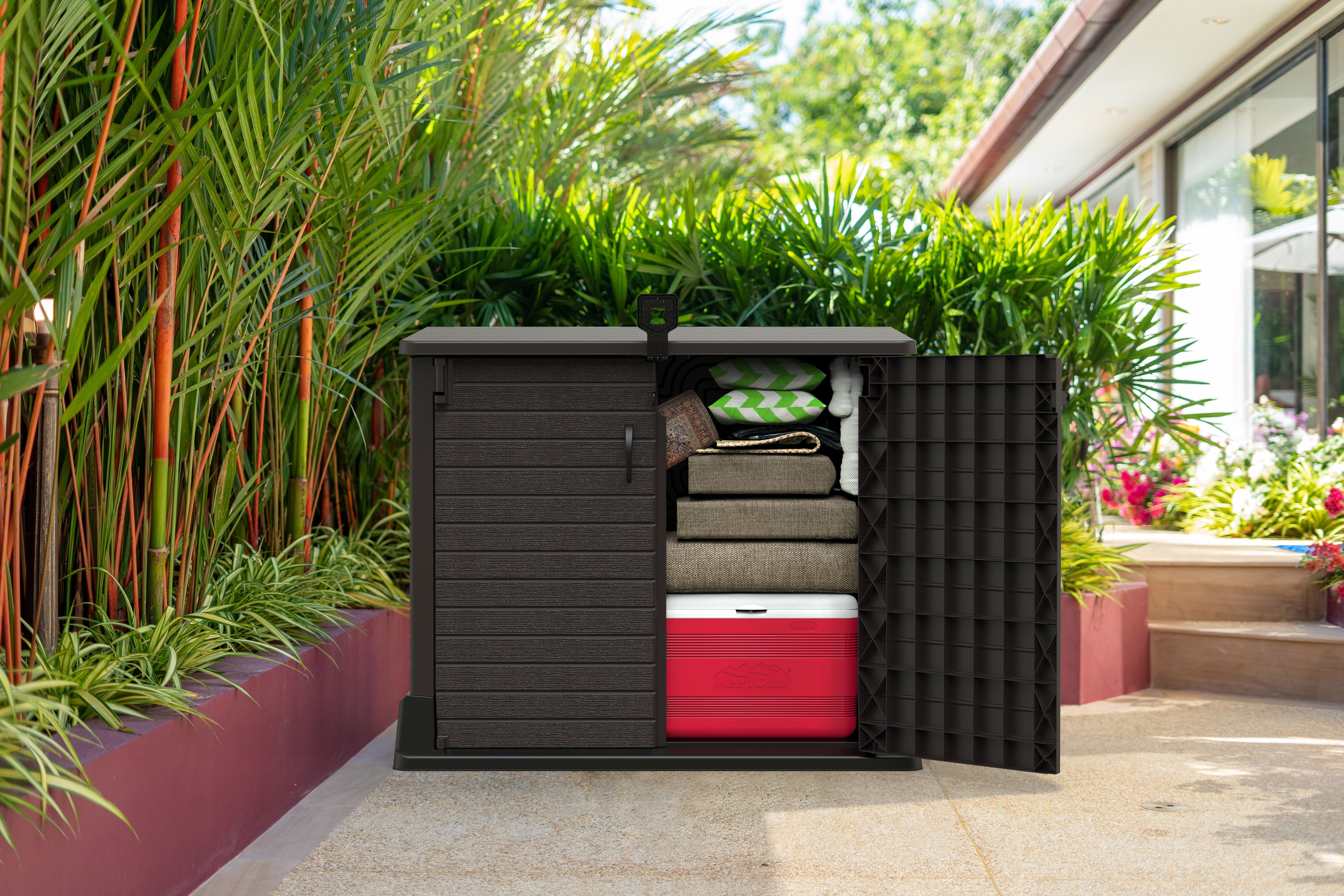 Gartenschuppen | 850L | aus Kunststoff | wetterfester Geräteschuppen für Gartengeräte, Outdoor-Ausrüstung & Zubehör | Dunkelbraun