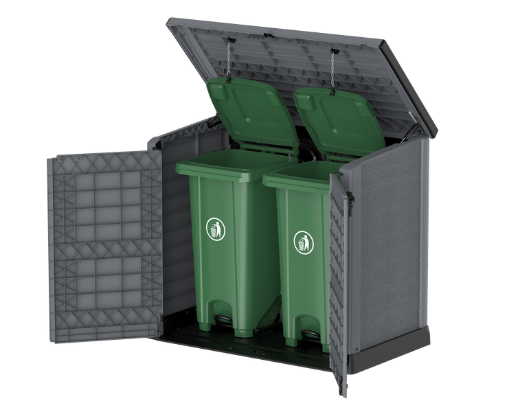 Flach gedeckelter Gartenschuppen aus Kunststoff | 1200L | großer, wetterfester Geräteschuppen abschließbar für Mülltonnen, Gartengeräte & Zubehör | Grau