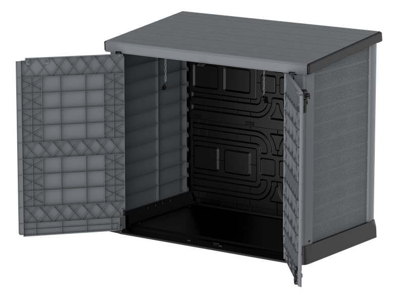 Flach gedeckelter Gartenschuppen aus Kunststoff | 1200L | großer, wetterfester Geräteschuppen abschließbar für Mülltonnen, Gartengeräte & Zubehör | Grau