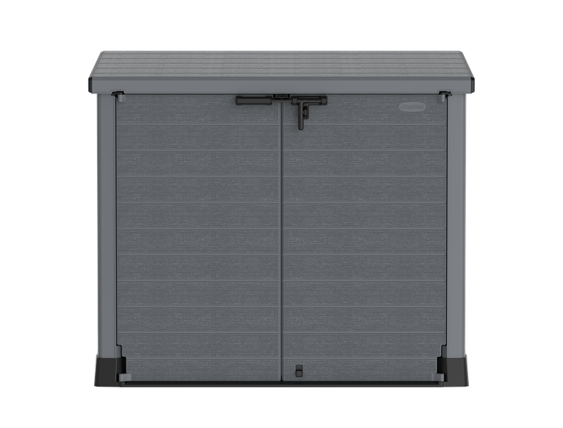 Flach gedeckelter Gartenschuppen aus Kunststoff | 1200L | großer, wetterfester Geräteschuppen abschließbar für Mülltonnen, Gartengeräte & Zubehör | Grau