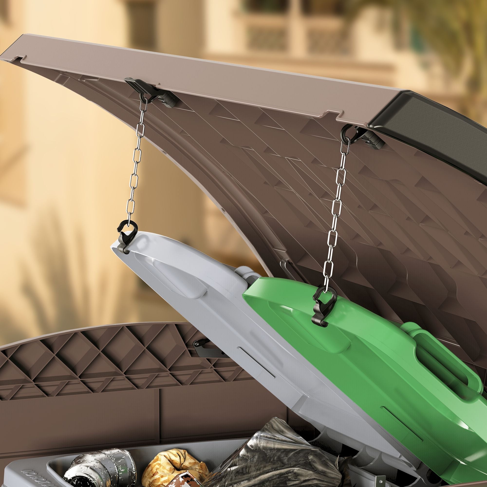 Flach gedeckelter Gartenschuppen aus Kunststoff | 1200L | großer, wetterfester Geräteschuppen abschließbar für Mülltonnen, Gartengeräte & Zubehör | Braun