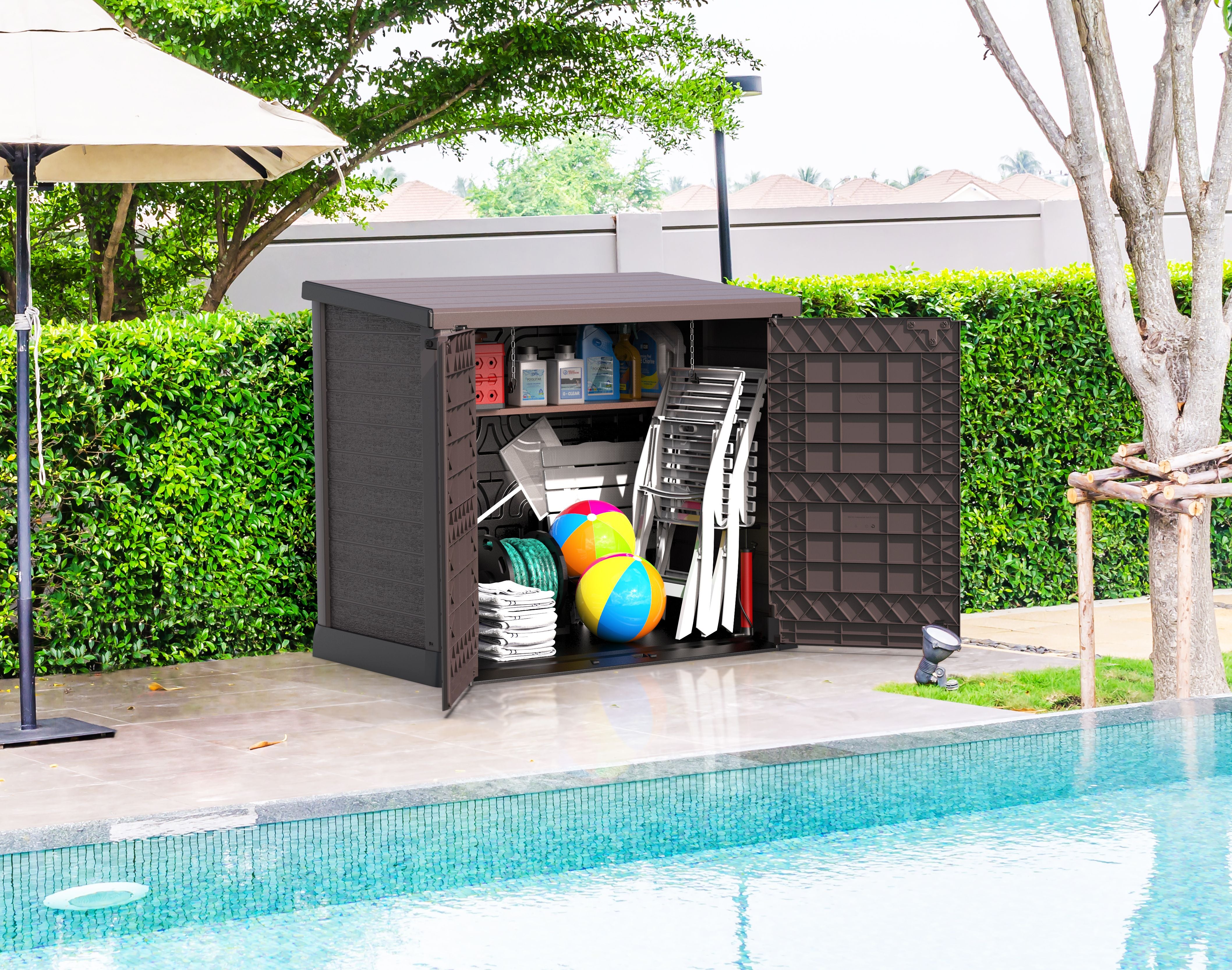 Flach gedeckelter Gartenschuppen aus Kunststoff | 1200L | großer, wetterfester Geräteschuppen abschließbar für Mülltonnen, Gartengeräte & Zubehör | Braun