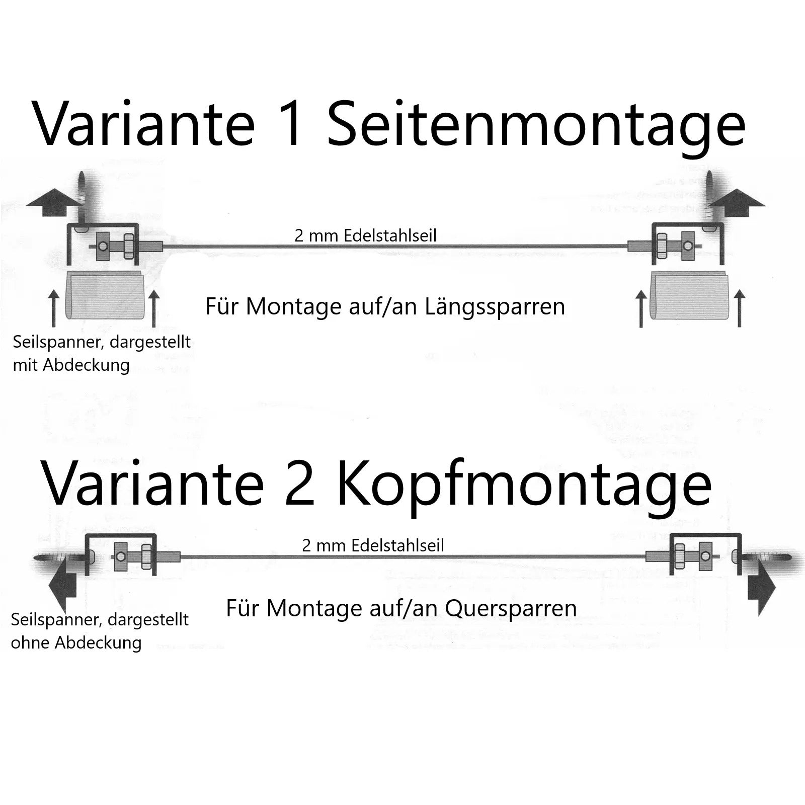 Komplettset Sonnensegel Terrassendach verschiedene Größen - uni weiß - mit Laufhaken + 2x Stopper + Seilspanner + Seil