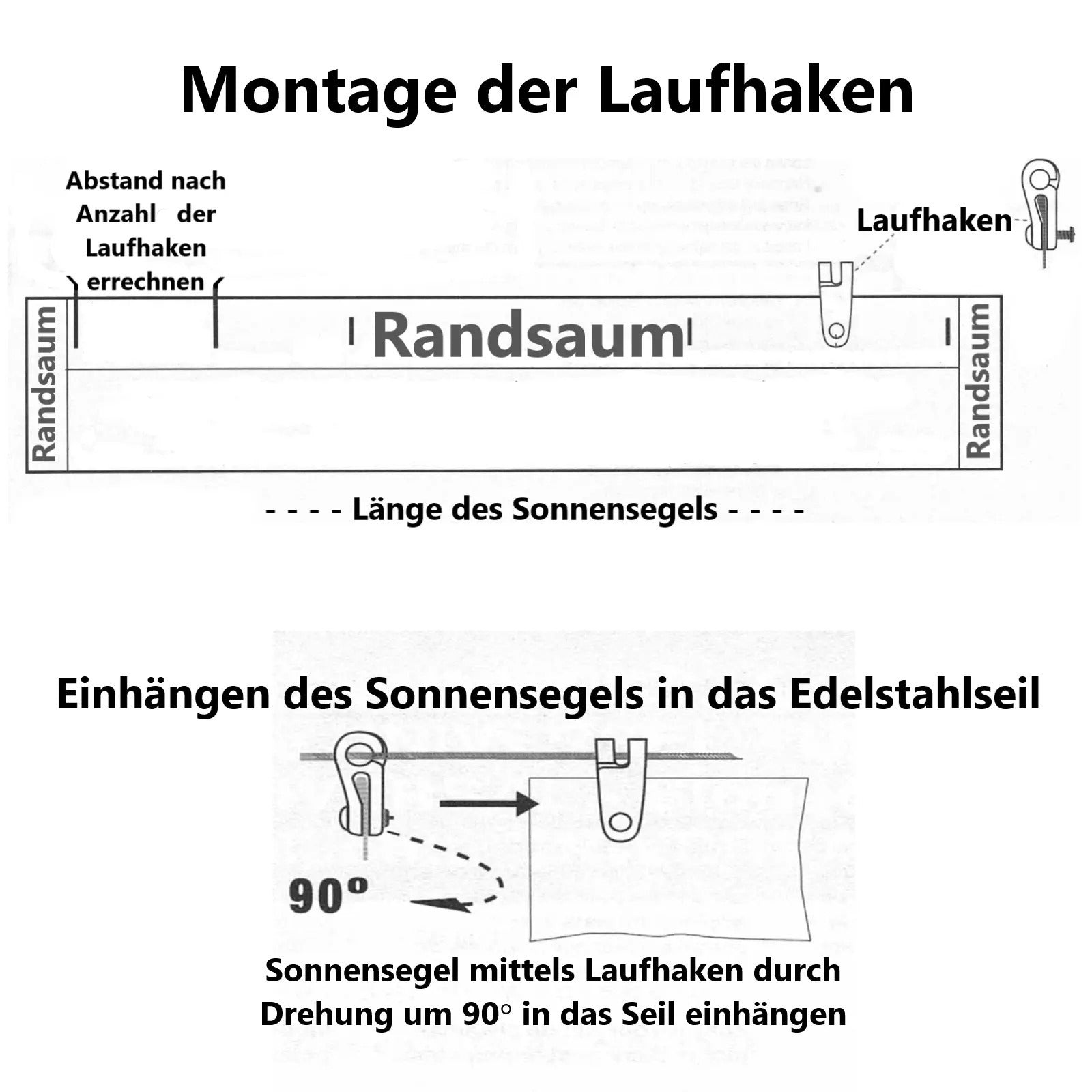 Komplettset Sonnensegel Terrassendach verschiedene Größen - uni weiß - mit Laufhaken + 2x Stopper + Seilspanner + Seil