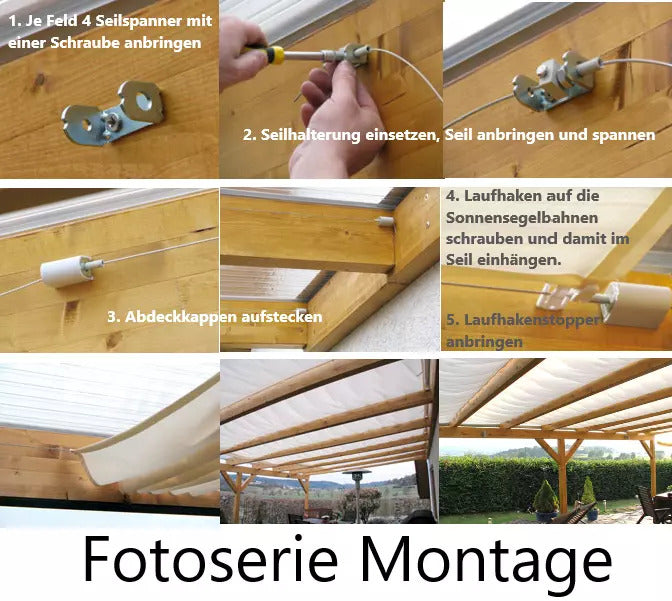 Komplettset Sonnensegel Terrassendach verschiedene Größen - uni weiß - mit Laufhaken + 2x Stopper + Seilspanner + Seil