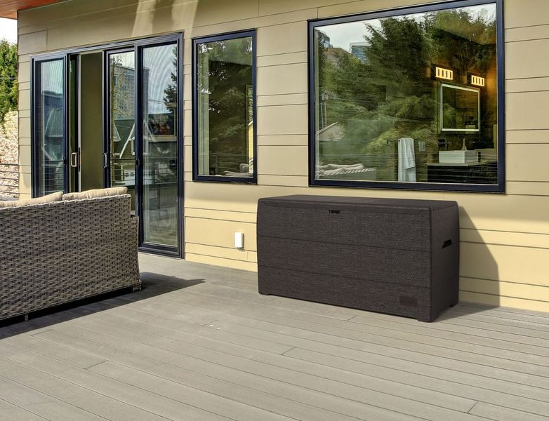 Duramax Kissenbox 270 Liter – wasserdichte & abschließbare Aufbewahrungsbox Garten in Dunkelbraun– robuste Gartenbox für Auflagen & Geräte