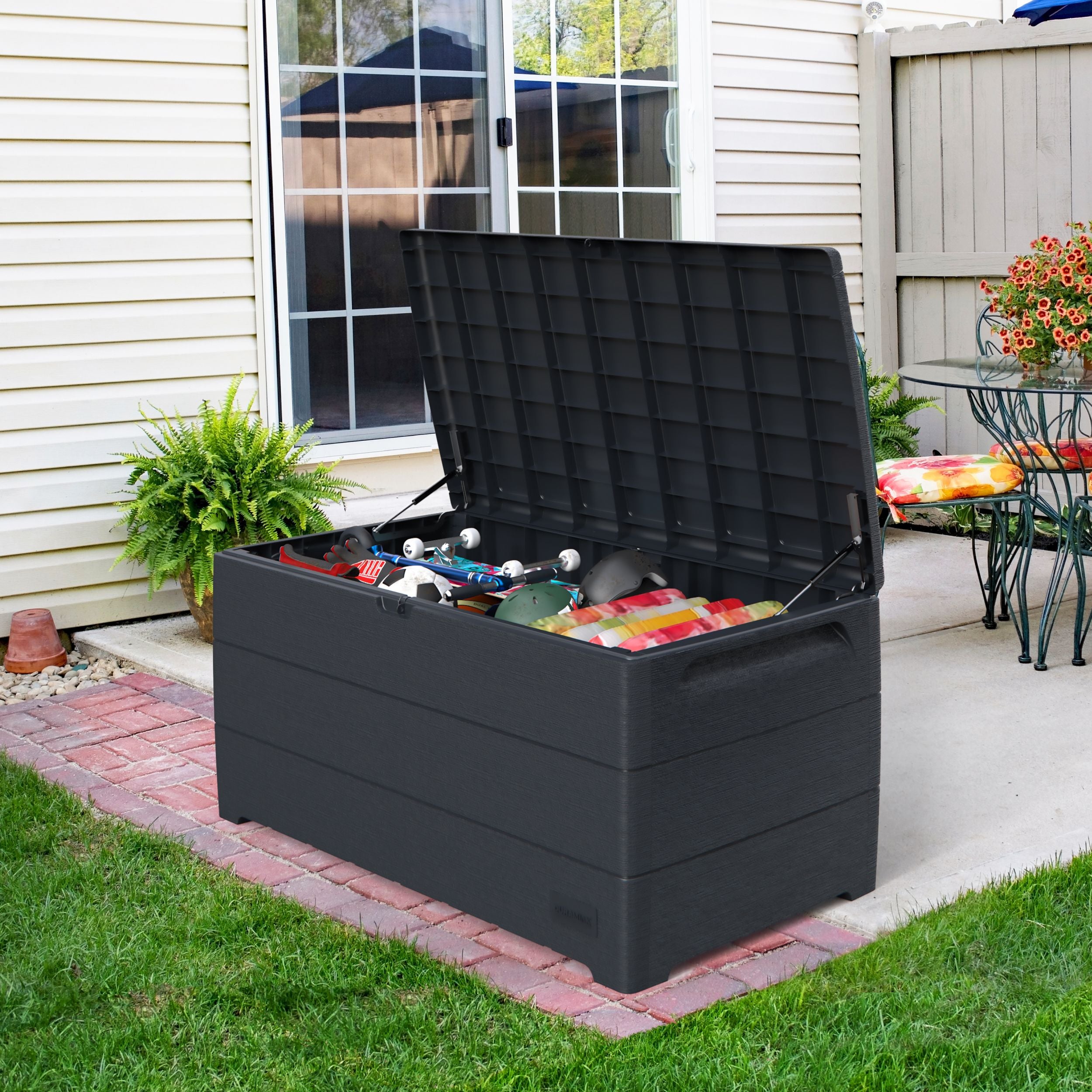 Auflagenbox Garten 416L – wasserdichte Kissenbox mit Deckel – Gartenbox in Holzoptik für Kissen, Geräte & Zubehör | Dunkelgrau