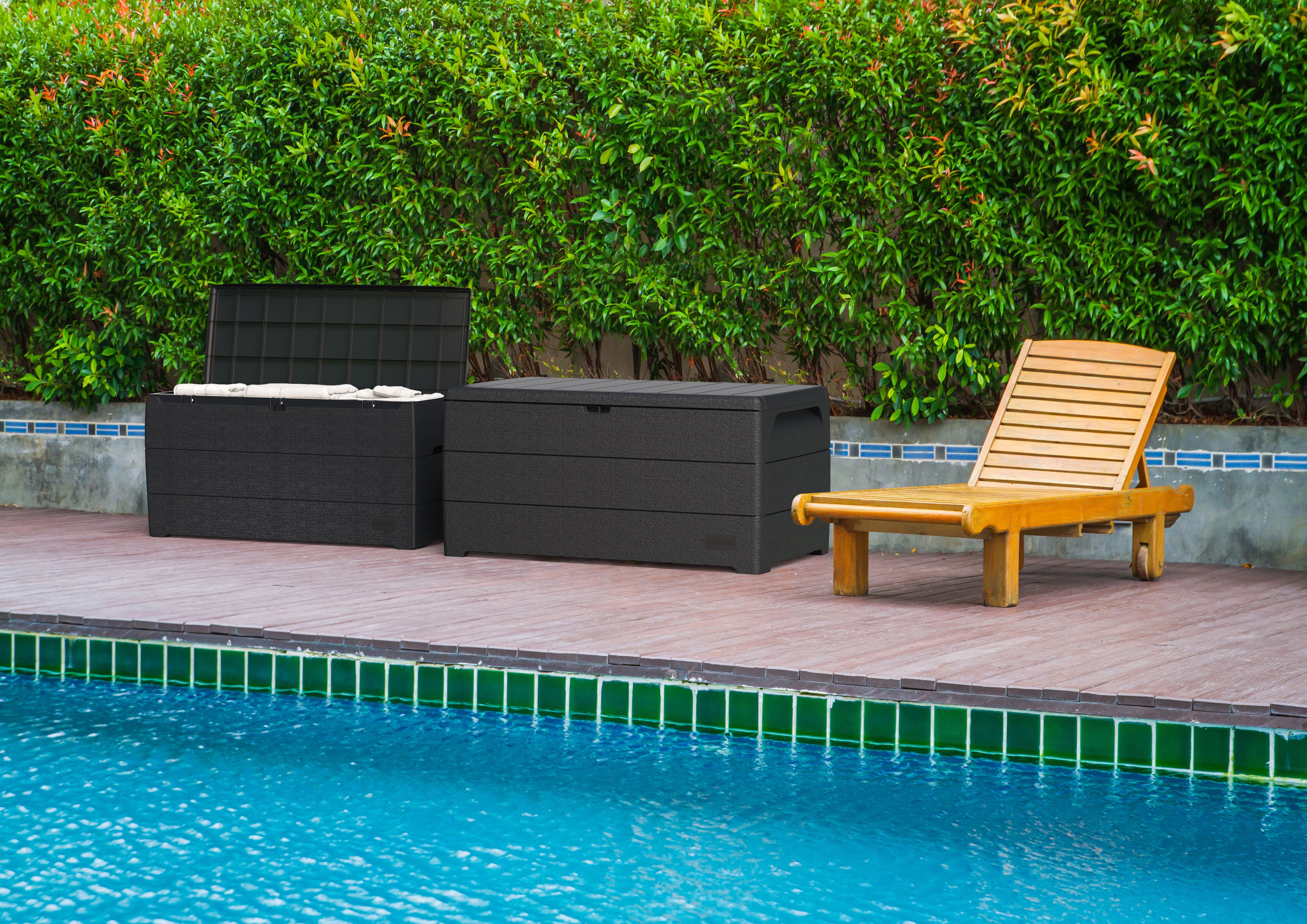 Auflagenbox Garten 416L – wasserdichte Kissenbox mit Deckel – Gartenbox in Holzoptik für Kissen, Geräte & Zubehör | Dunkelgrau