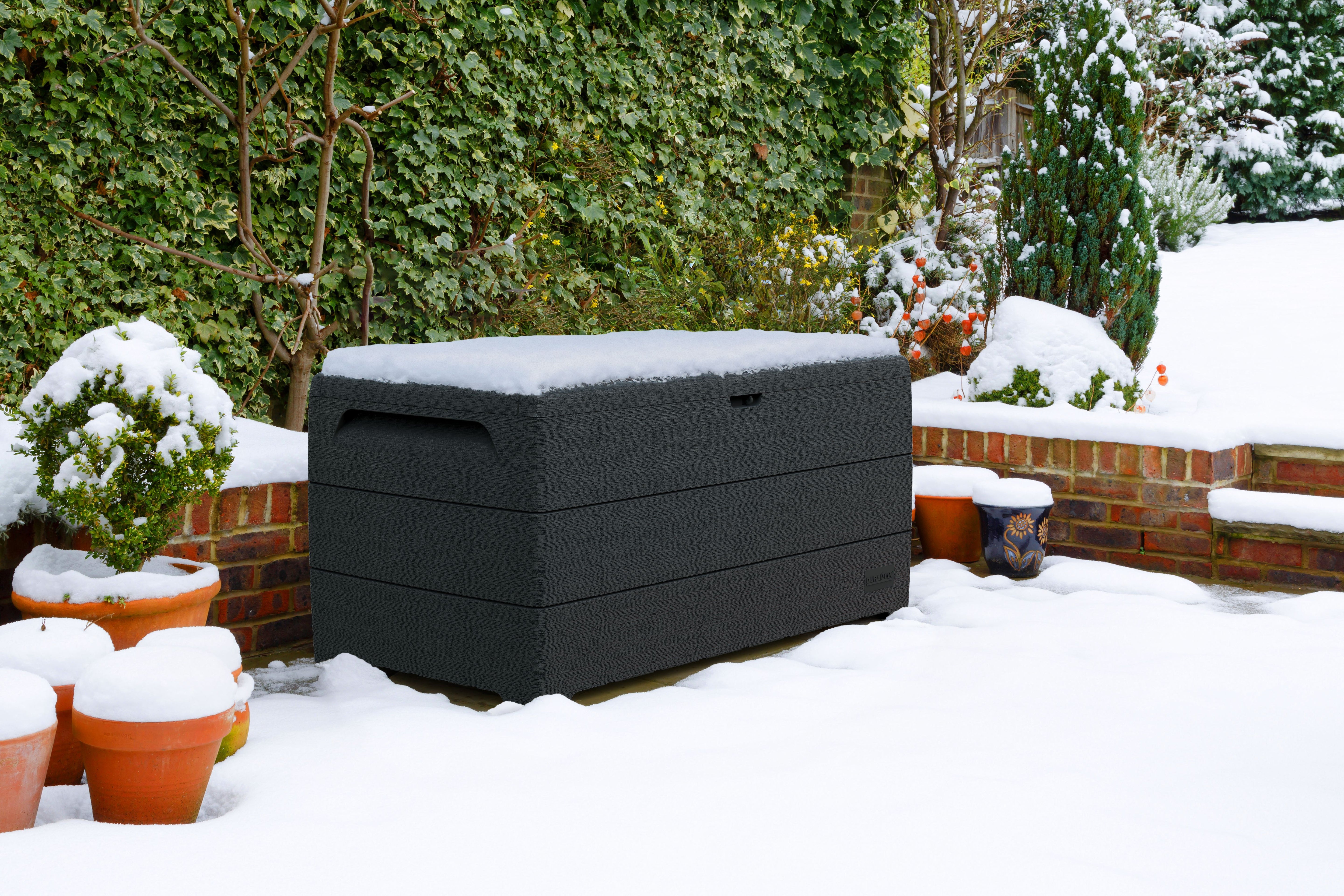 Auflagenbox Garten 416L – wasserdichte Kissenbox mit Deckel – Gartenbox in Holzoptik für Kissen, Geräte & Zubehör | Dunkelgrau