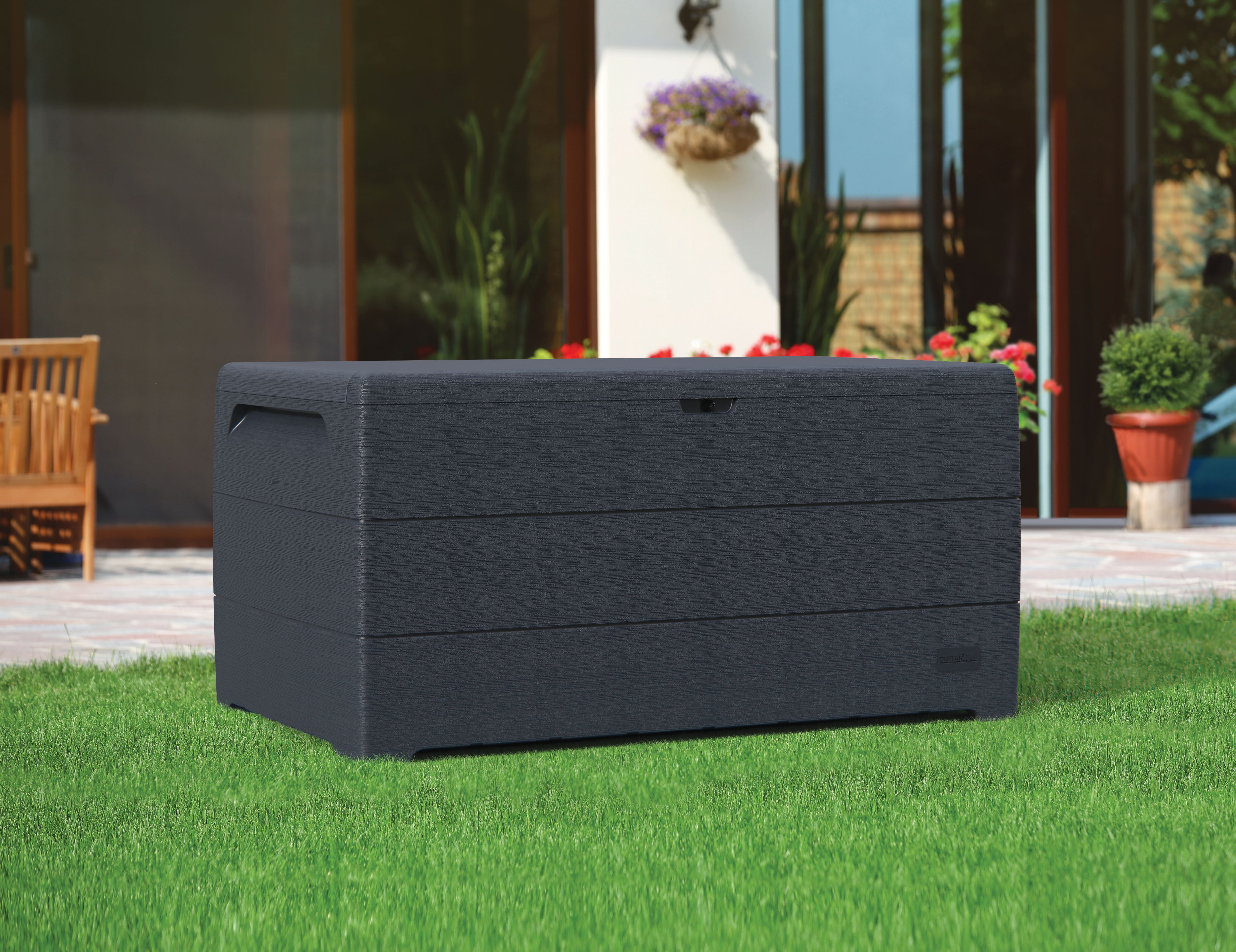 Auflagenbox Garten 416L – wasserdichte Kissenbox mit Deckel – Gartenbox in Holzoptik für Kissen, Geräte & Zubehör | Dunkelgrau