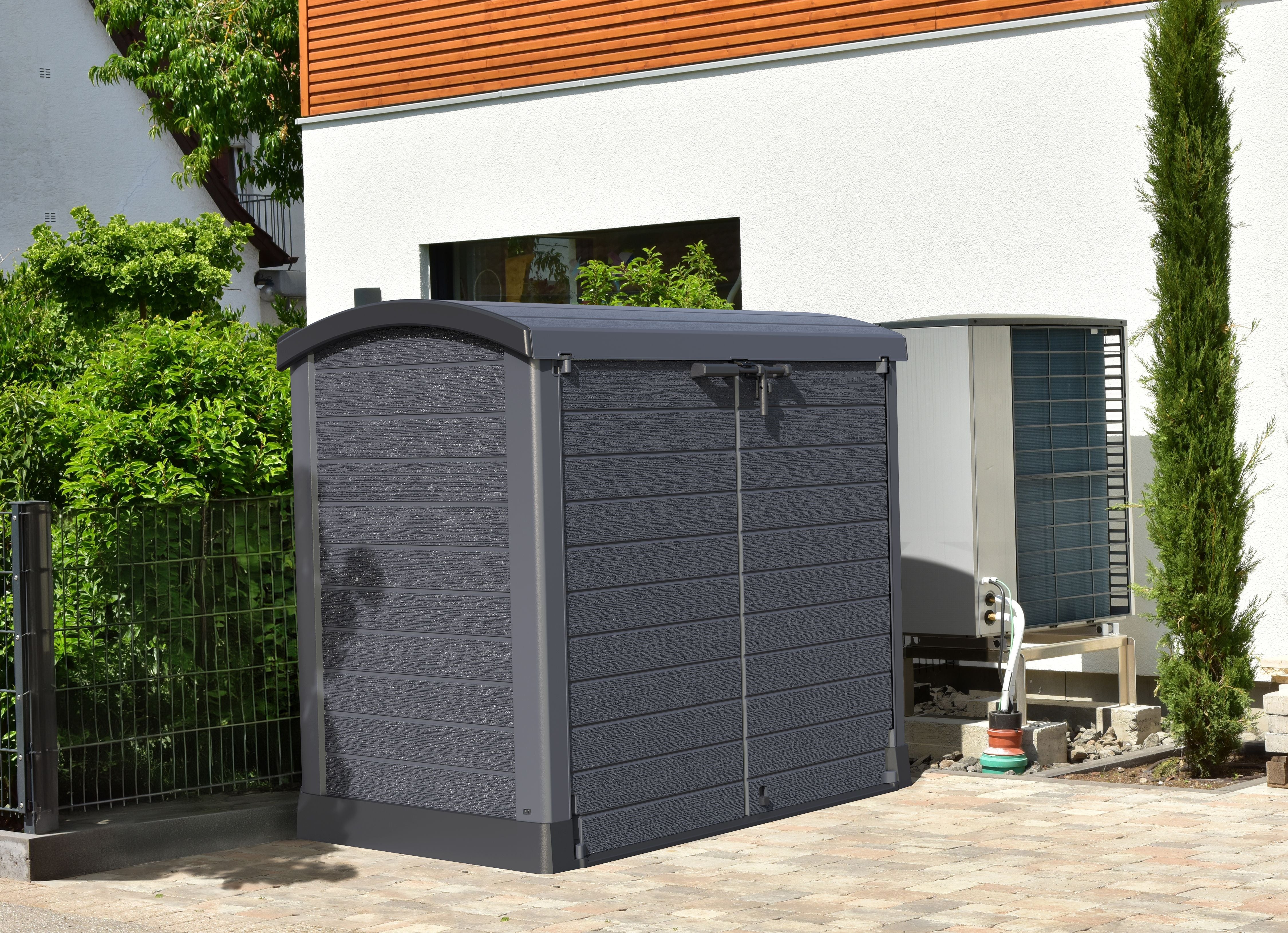 Gartenschuppen mit gewölbtem Deckel | 1200L | Abschließbarer, wetterfester Gartenschuppen aus Kunststoff | ideal zur sicheren Aufbewahrung von Mülltonnen, Gartenwerkzeug und Gartenzubehör | Grau