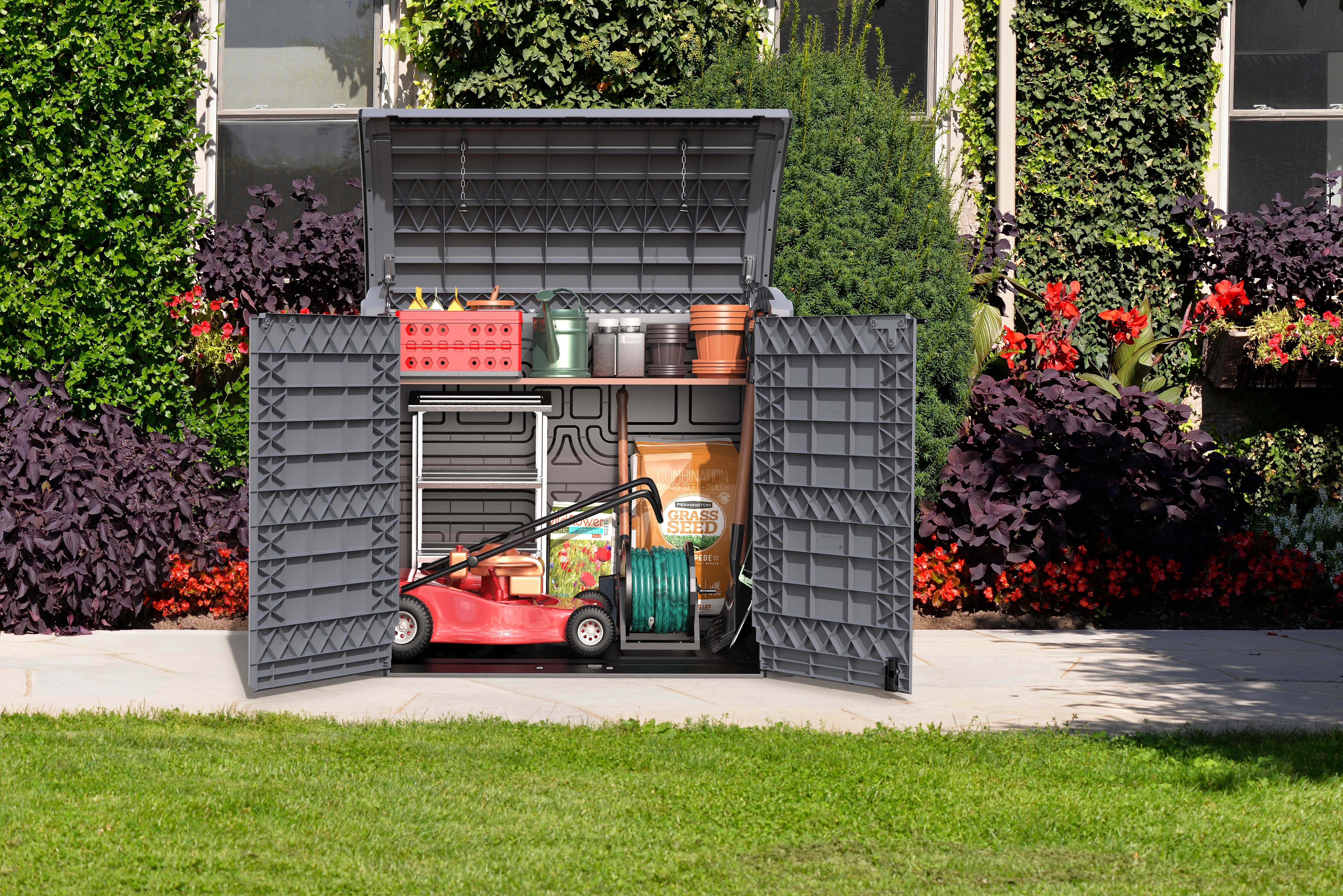 Gartenschuppen mit gewölbtem Deckel | 1200L | Abschließbarer, wetterfester Gartenschuppen aus Kunststoff | ideal zur sicheren Aufbewahrung von Mülltonnen, Gartenwerkzeug und Gartenzubehör | Grau