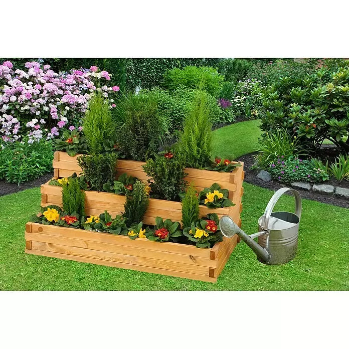 Pflanzkastentreppe "Volterra" mit Pflanzfolie, honigbraun, 100x60x48 cm – stabile Holz-Pflanztreppe für Garten & Terrasse