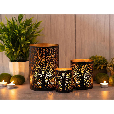 Windlicht 3er Set Masterbox 12x 3teilig Kerzenständer Forest Teelichthalter rund schwarz gold