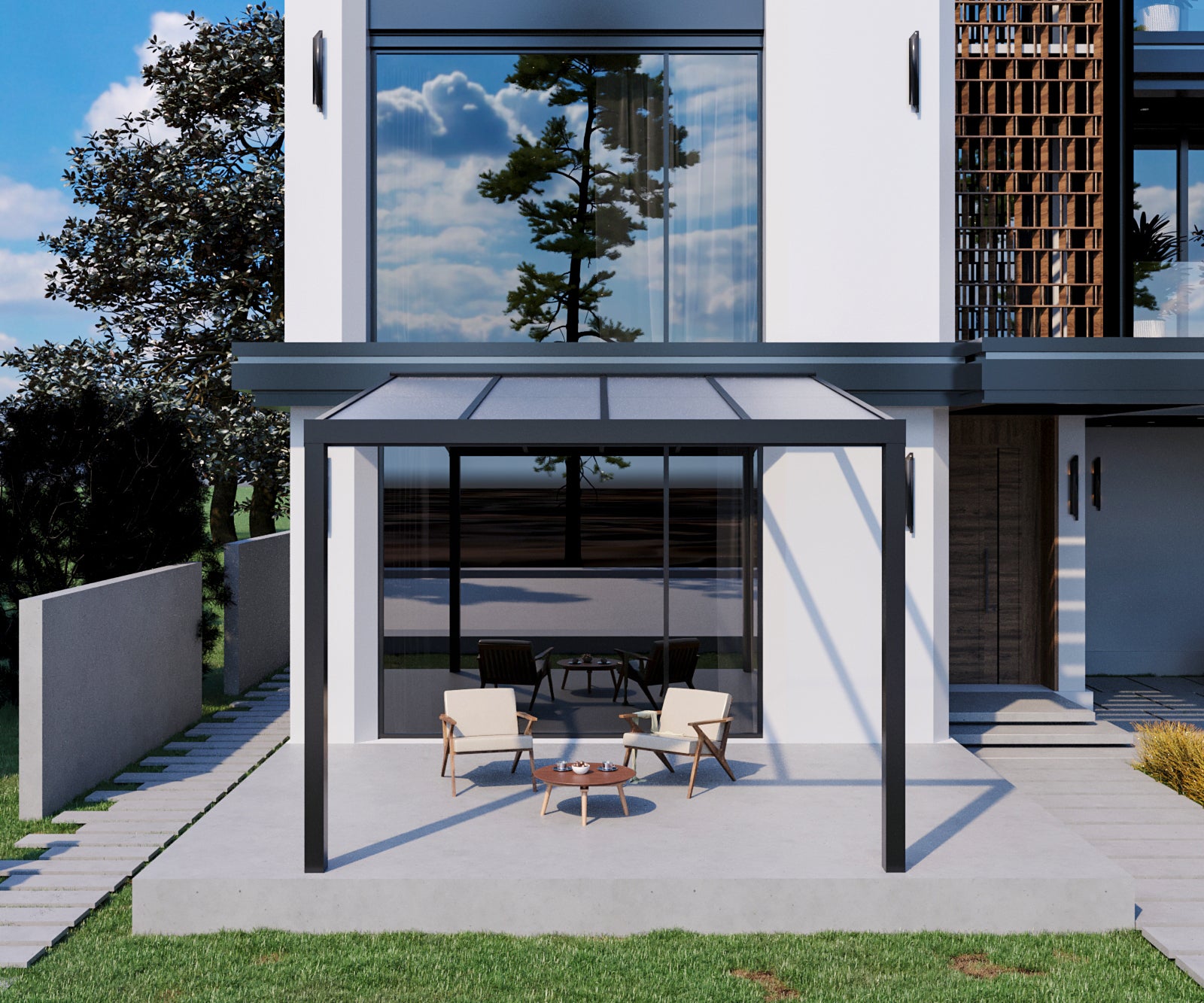 Milchglas Aluminium Terrassenüberdachung 8mm VSG