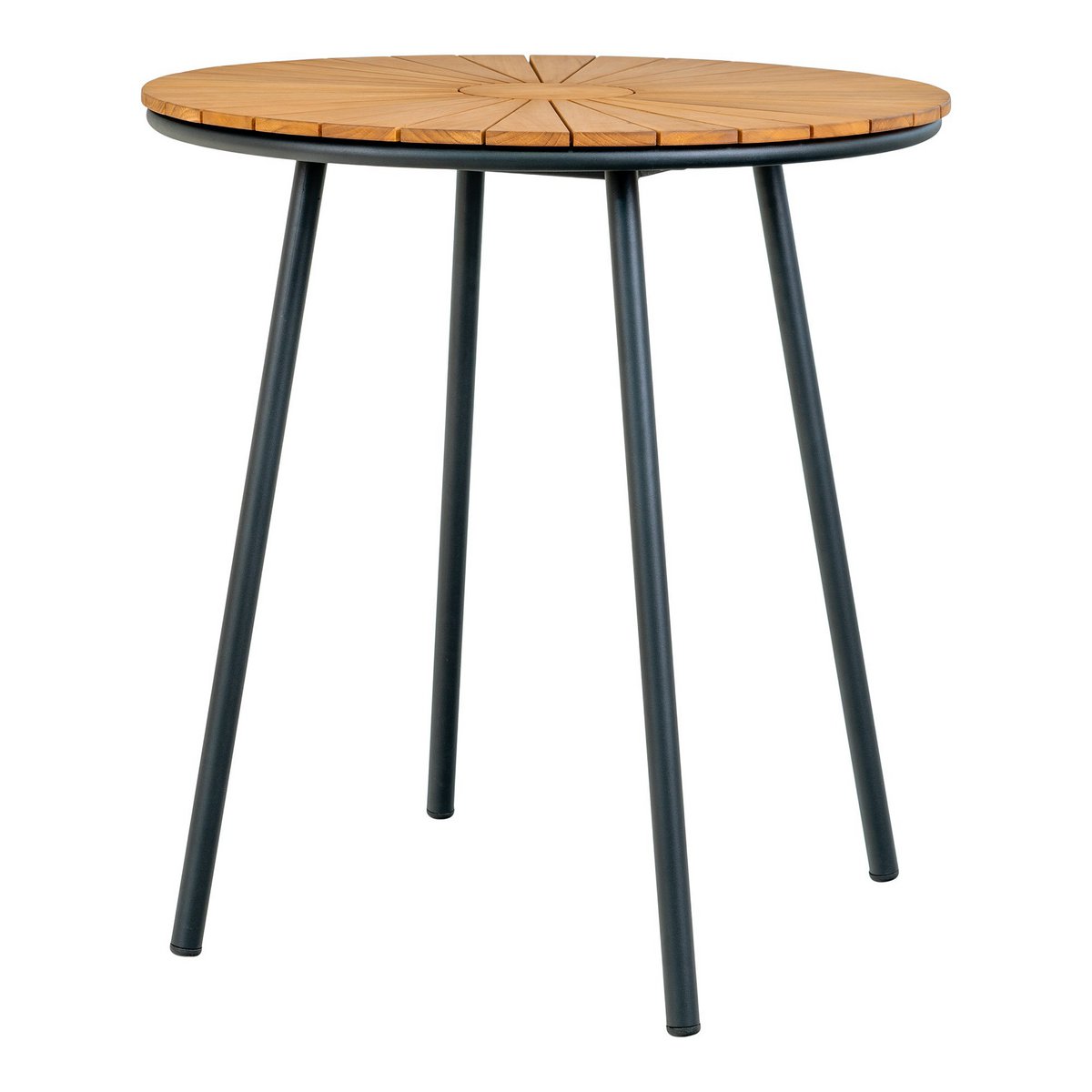 Cleveland Café Table – Cafétisch, Tischplatte aus Teakholz, natur, schwarze Beine, ø70x74 cm