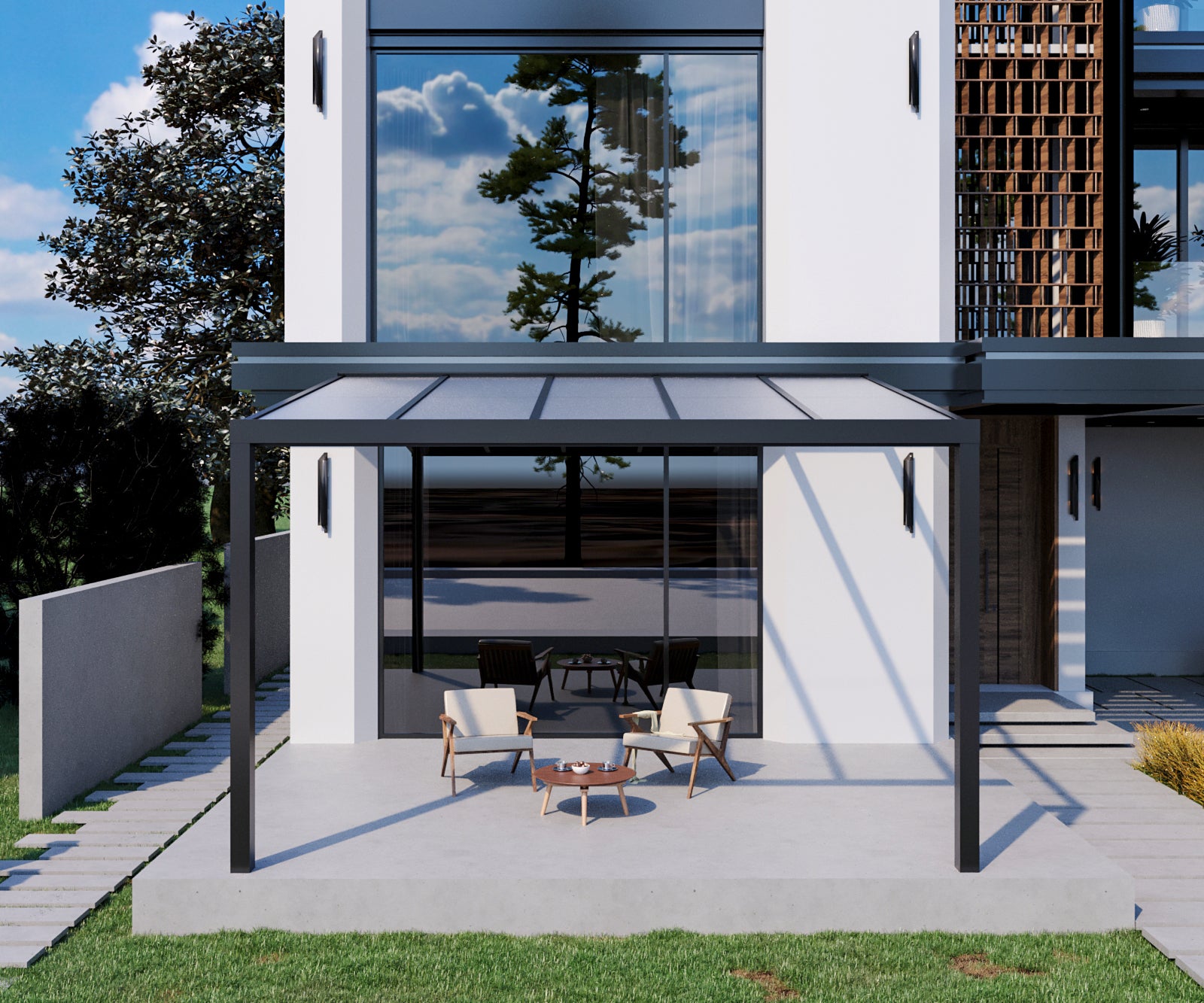 Milchglas Aluminium Terrassenüberdachung 8mm VSG