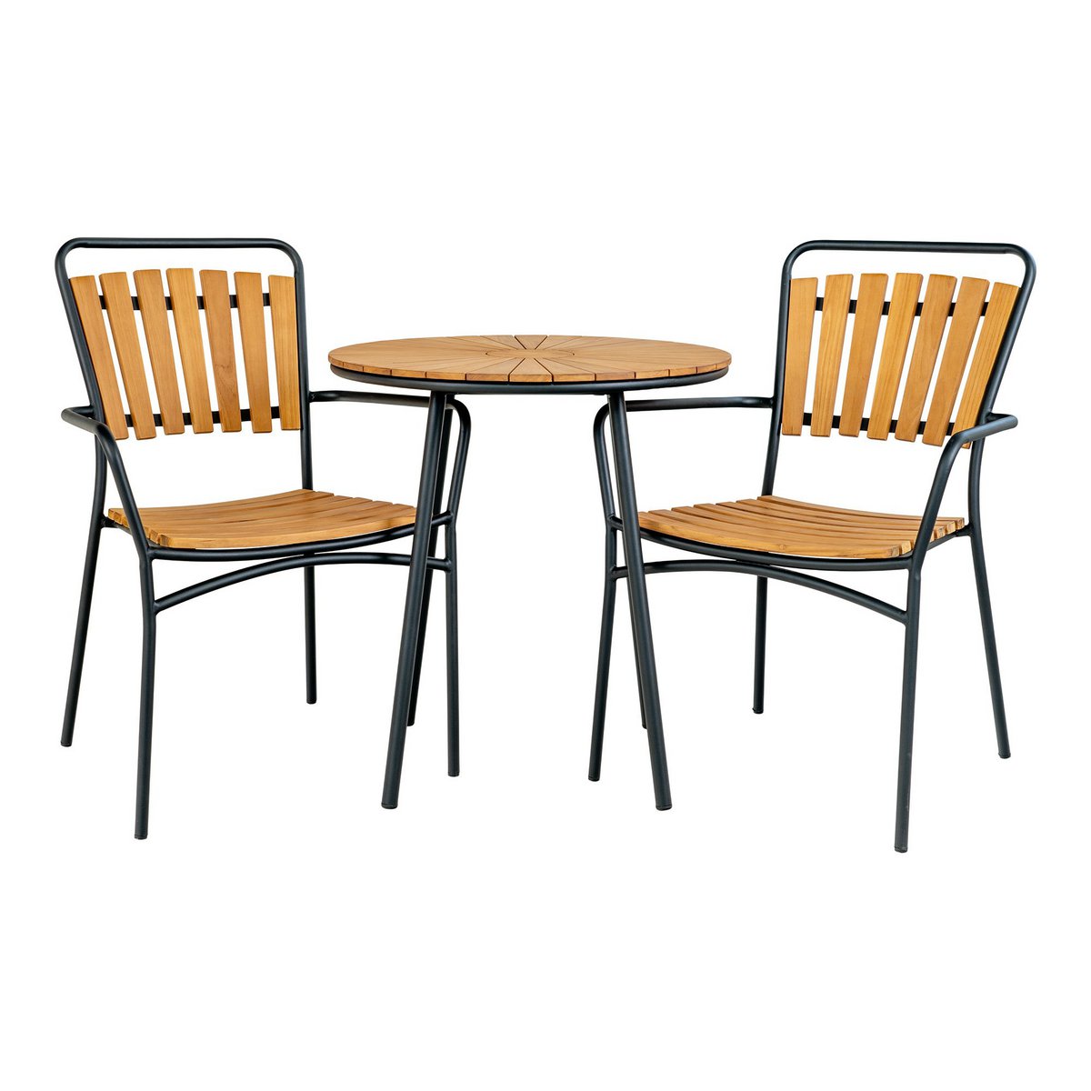 Cleveland Café Table – Cafétisch, Tischplatte aus Teakholz, natur, schwarze Beine, ø70x74 cm