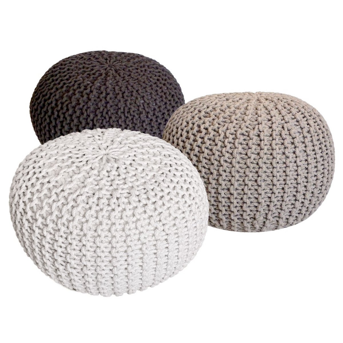 Pouf Set 3 Stück Ø 55 cm Strickhocker Sitzhocker Hocker Bodenkissen Grobstrick-Optik