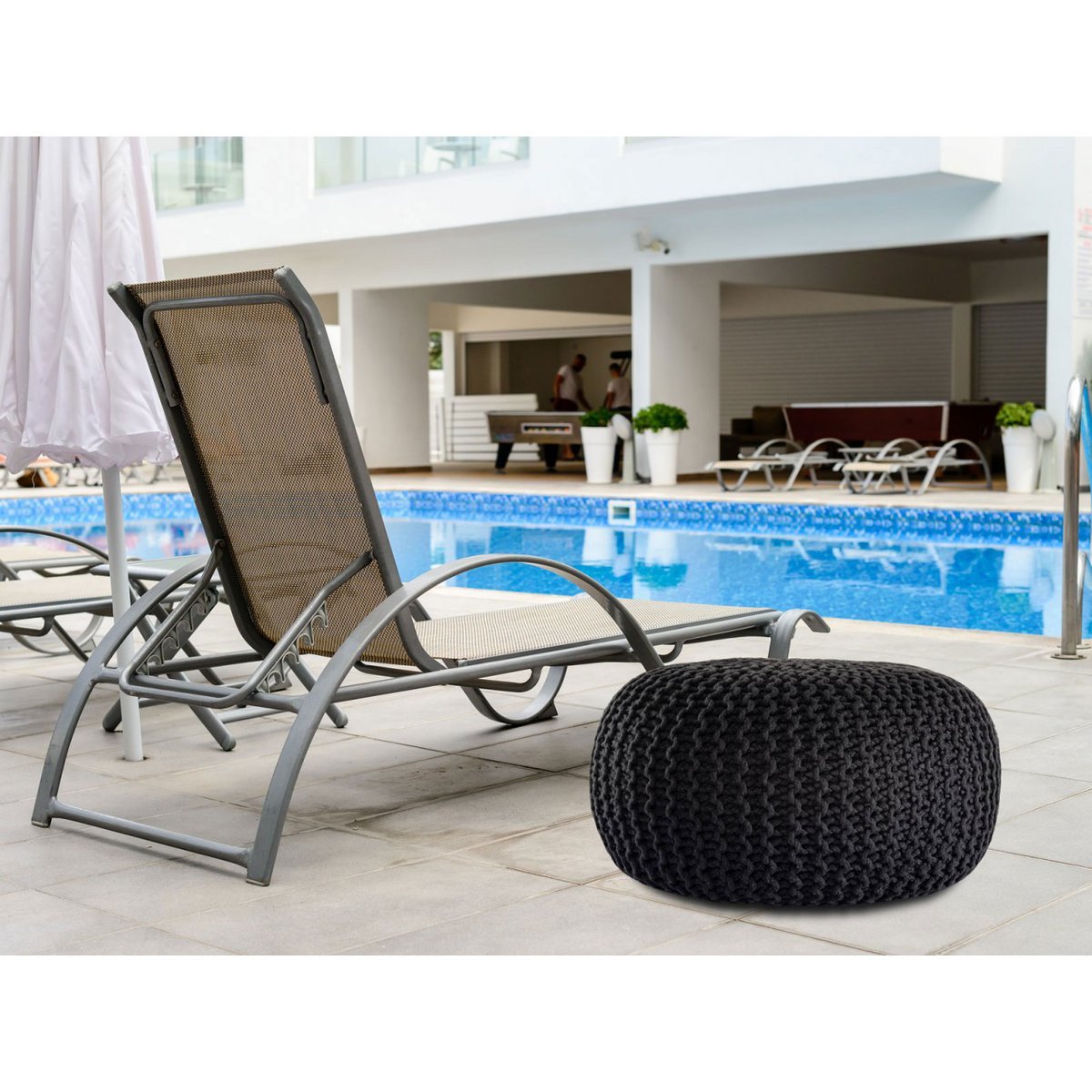 Pouf PREMIUM ø45cm Sitzhocker Strickpouf Innen Terrasse Pool Garten nachhaltig