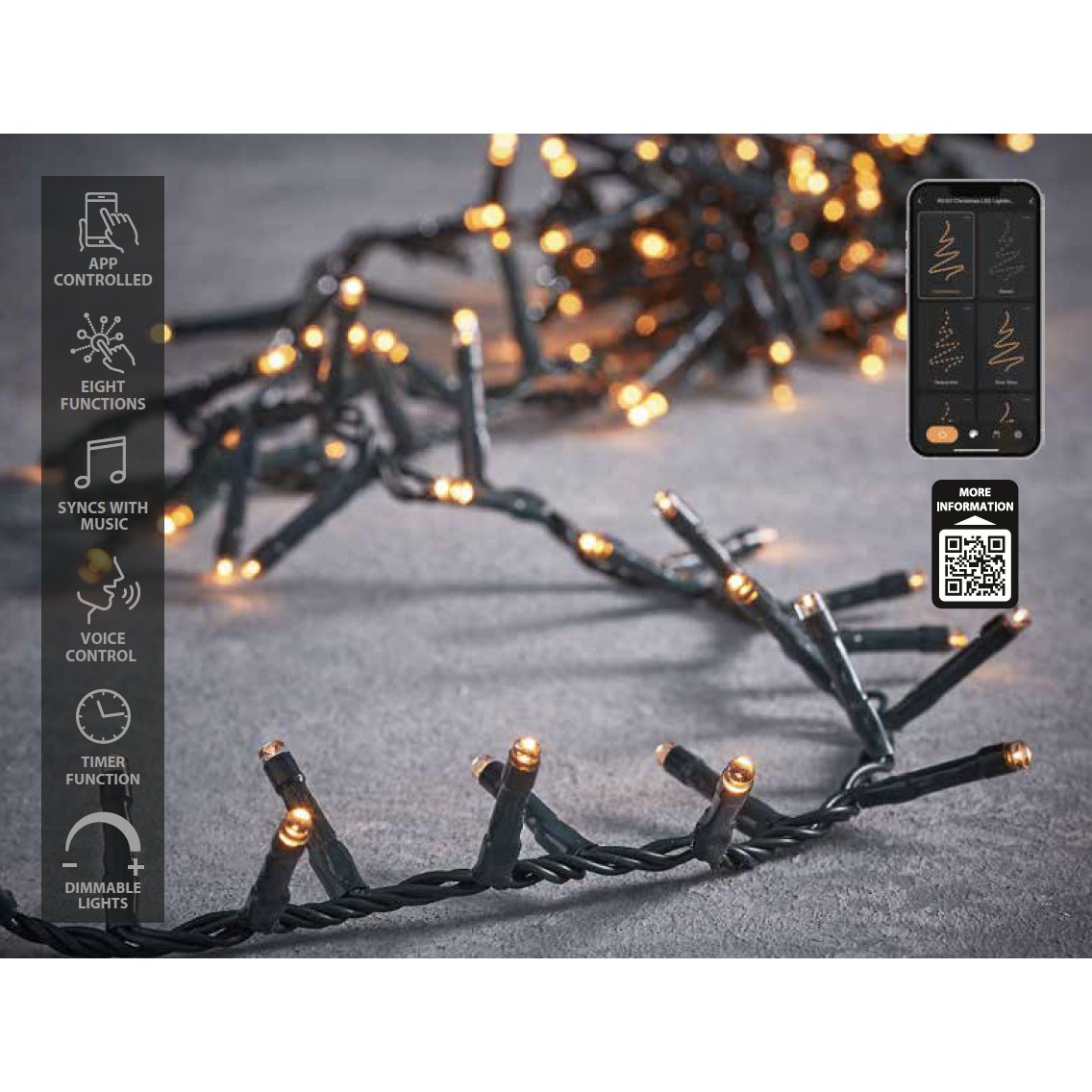 Luca Smart Lighting Schlangen-Weihnachtsbaumbeleuchtung mit 1500 LED-Lichtern – L3000 cm – Warmweiß