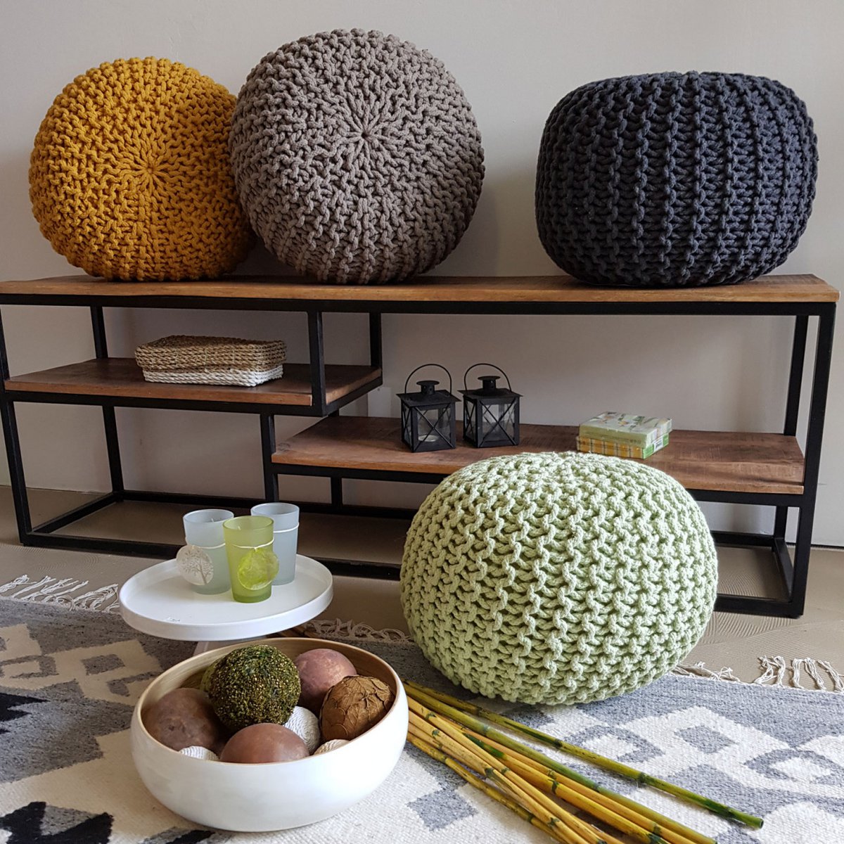 Strickhocker Pouf Ø 45 H 30 cm cm Sitzpouf Strick Bodenkissen