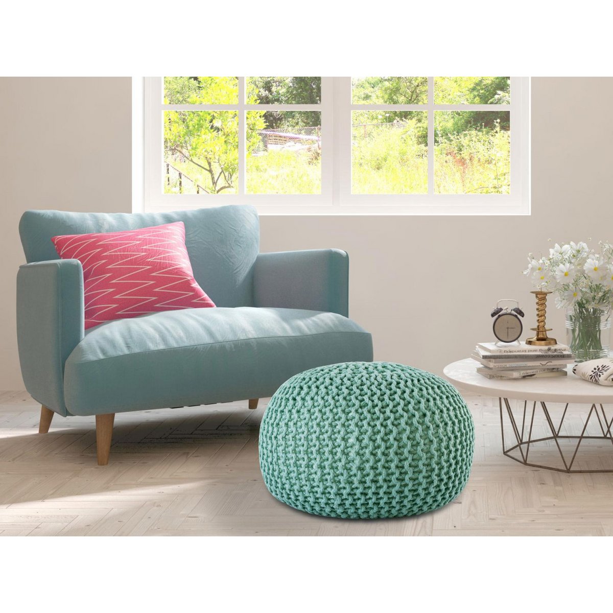 Sitzpouf ø55cm Pouf Strickhocker Strickpouf PREMIUM Innen Terrasse Pool Garten nachhaltig