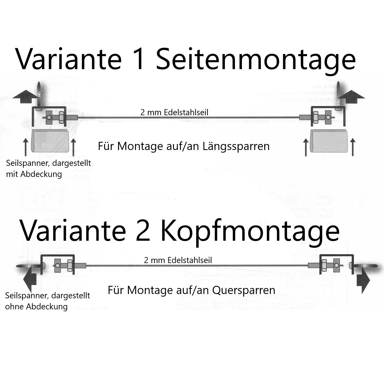 Komplettset Sonnensegel Terrassendach verschiedene Größen - uni weiß - mit Laufhaken + 2x Stopper + Seilspanner